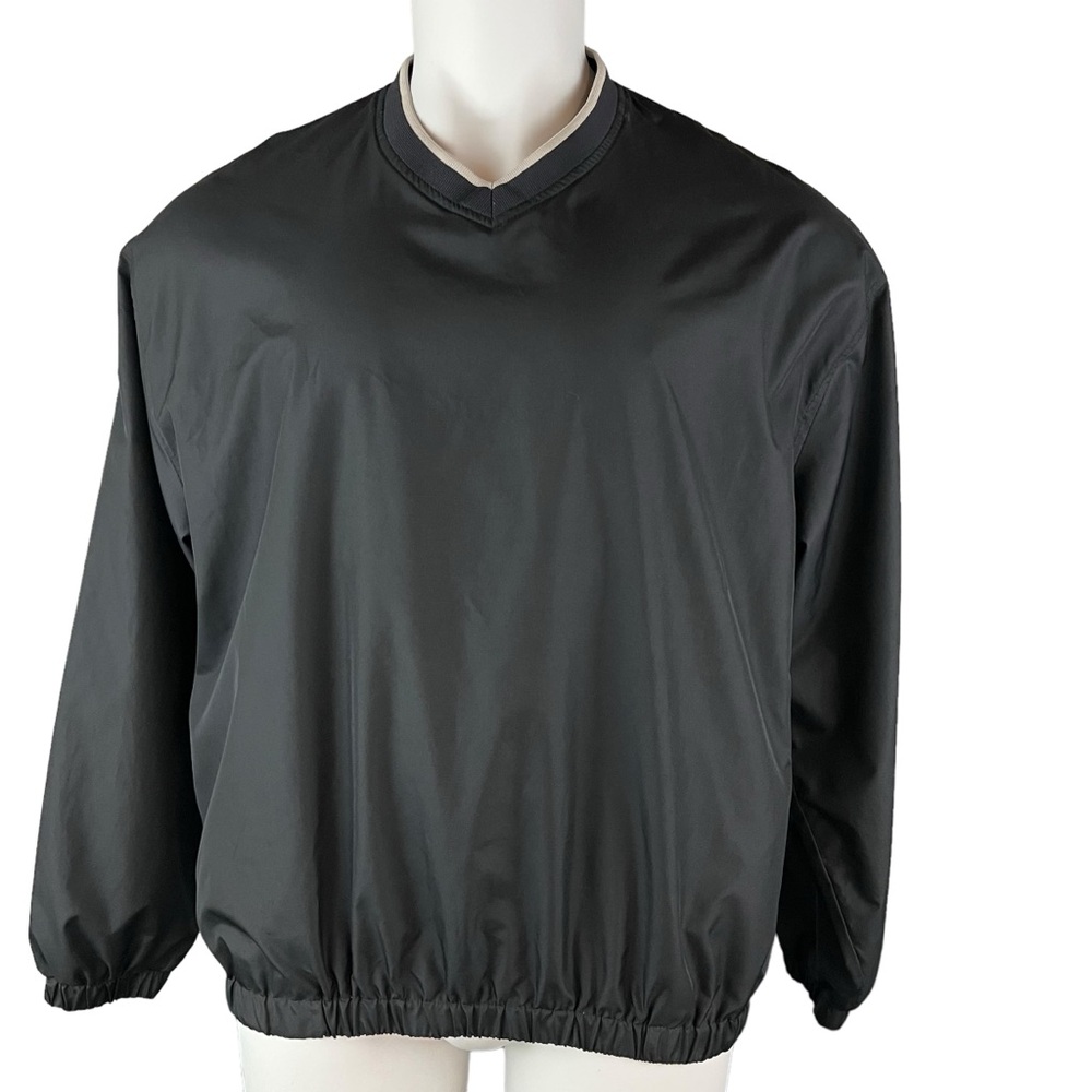 PGA Tour Jacket Mens Large Black Satin V Neck Pullover Windbreaker Coat (403)